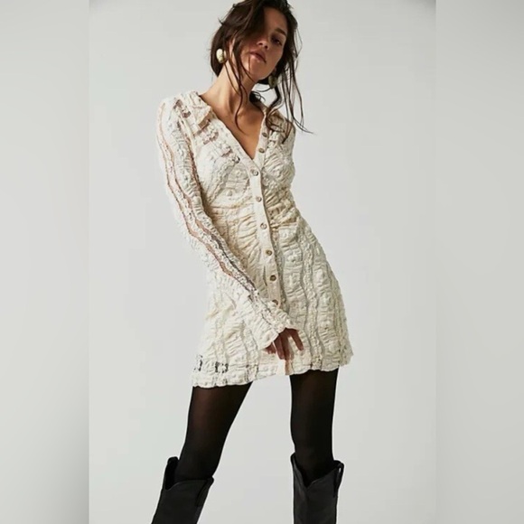 Free People Shayla Lace Mini Dress Cream Long Sleeve Button Up - Picture 2 of 9